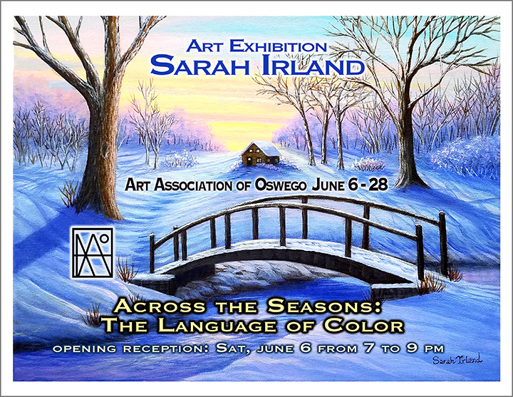 Landscape painting of a snowy day with bridge, trees, and cabin